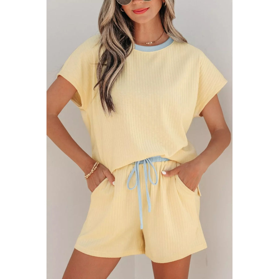 Soft Ribbed Color Block Trim Casual Short Set Pastel Yellow / S Apparel and Accessories