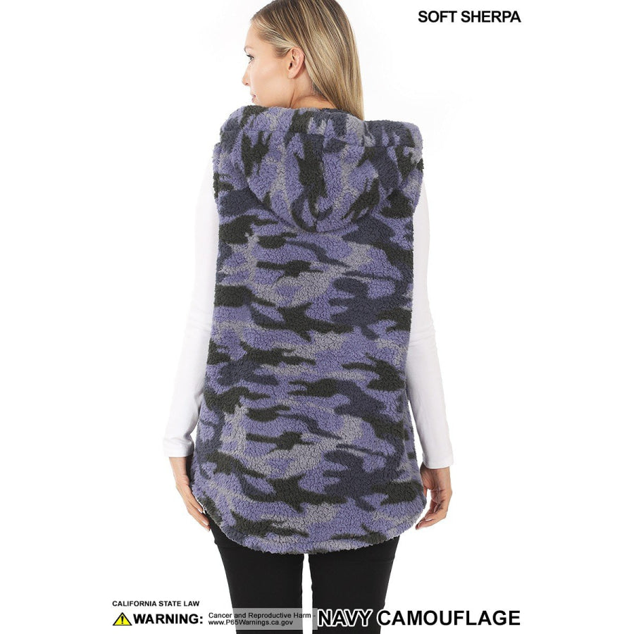 NEW! Soft Sherpa Camouflage Print Zip-Up Hooded Vest with Pockets Jacket