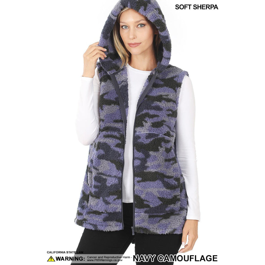 NEW! Soft Sherpa Camouflage Print Zip-Up Hooded Vest with Pockets Jacket