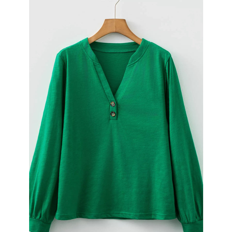 Solid Color Button V Neck Long Sleeve Top Dark Green / S Apparel and Accessories