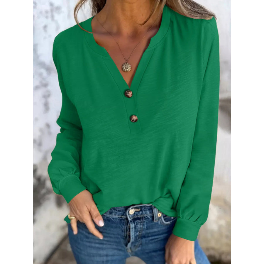 Solid Color Button V Neck Long Sleeve Top Dark Green / S Apparel and Accessories