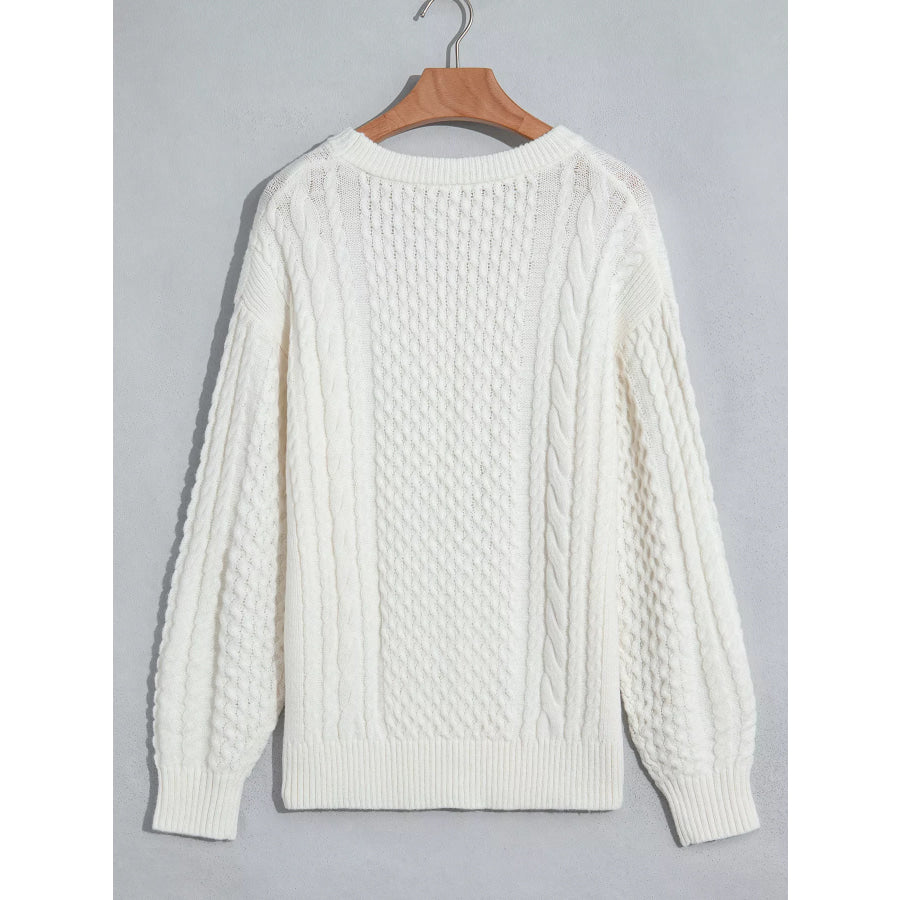 Solid Color Cable Detail Knit Loose Round Neck Sweater Apparel and Accessories