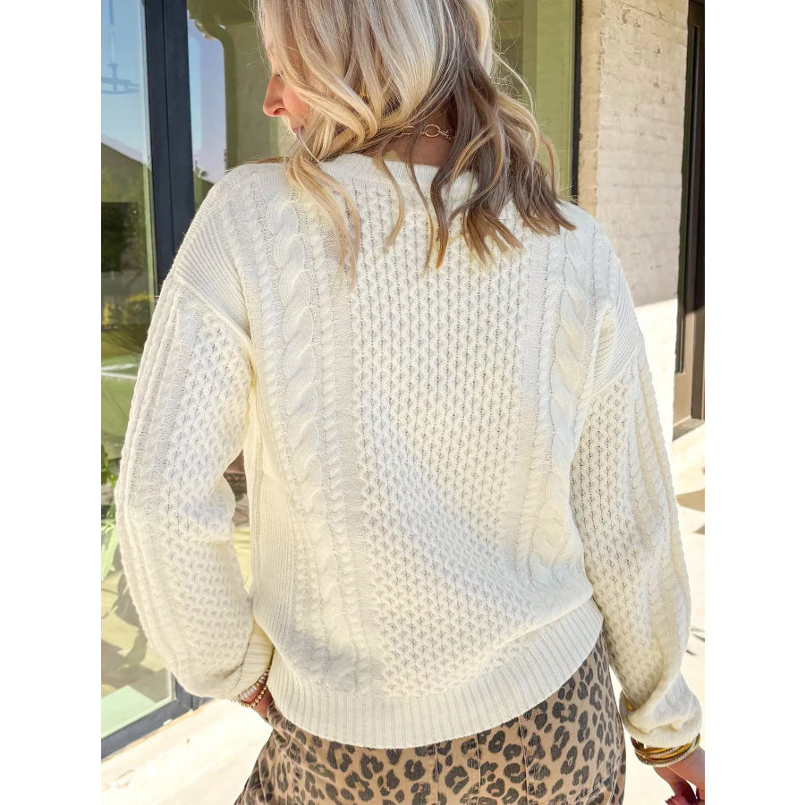 Solid Color Cable Detail Knit Loose Round Neck Sweater Apparel and Accessories