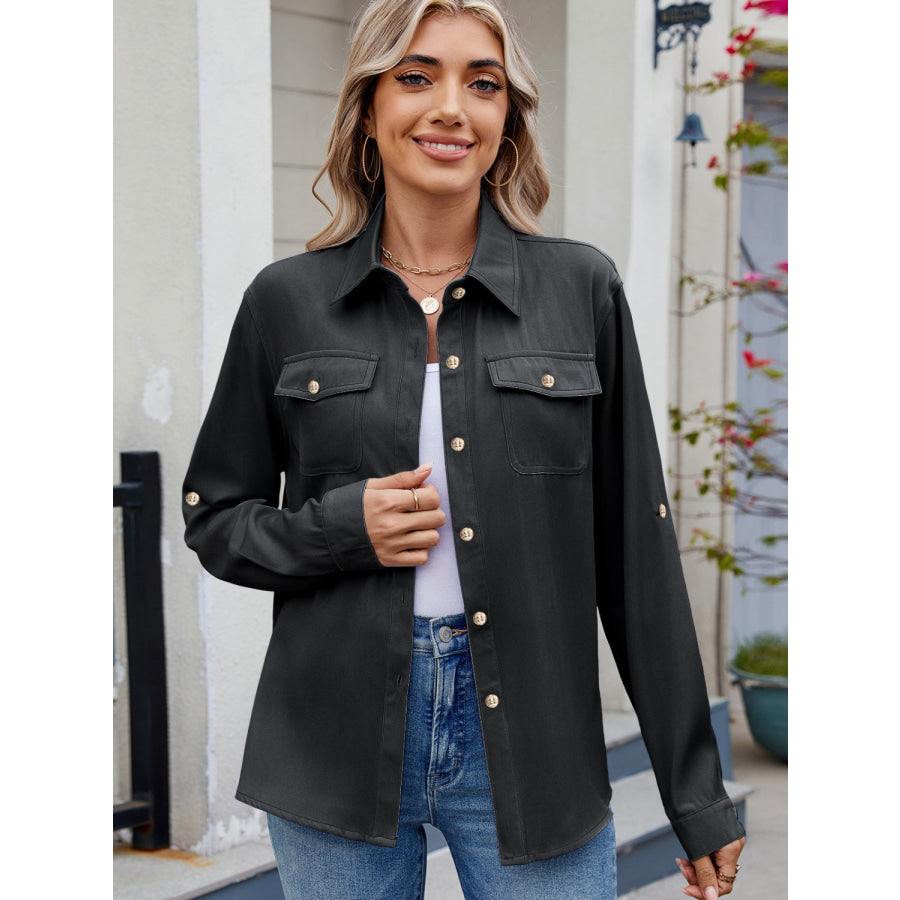 Solid Color Collared Neck Long Sleeve Shirt Apparel and Accessories