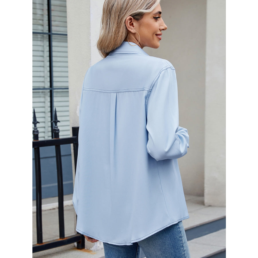 Solid Color Collared Neck Long Sleeve Shirt Apparel and Accessories