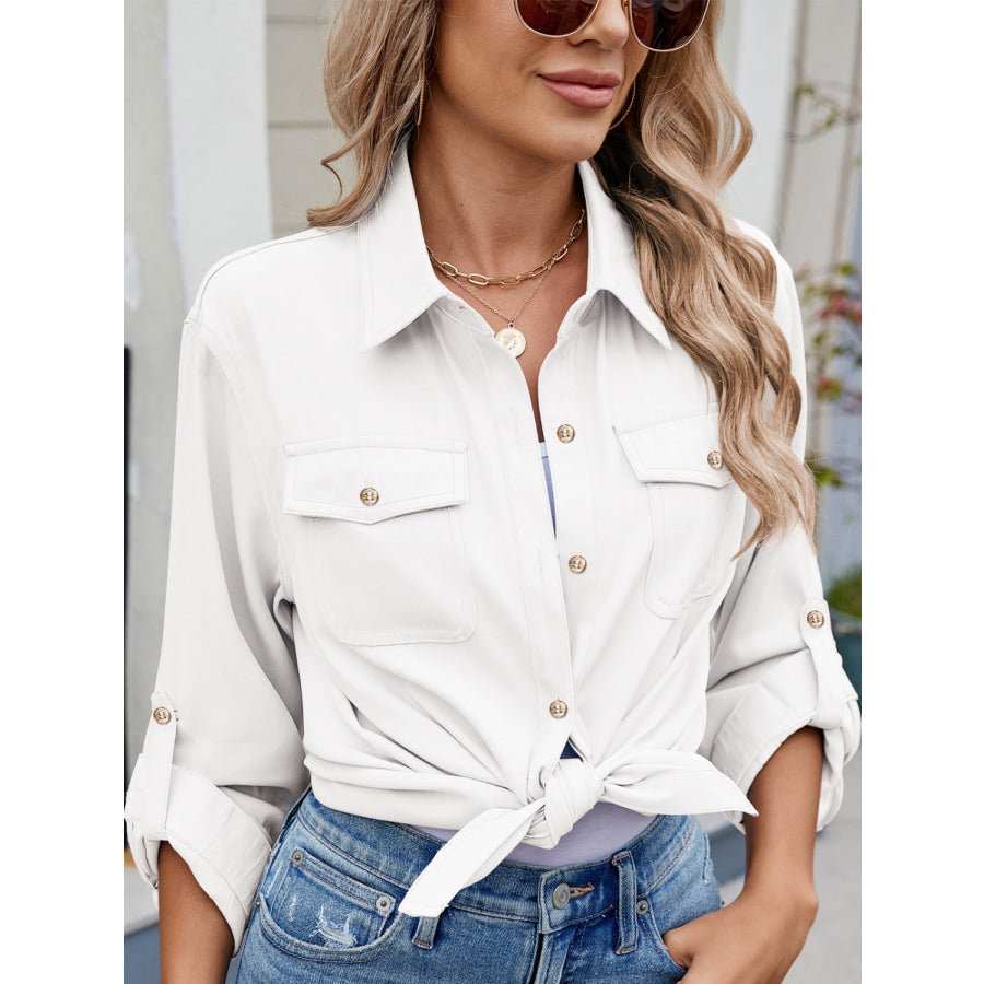 Solid Color Collared Neck Long Sleeve Shirt Apparel and Accessories