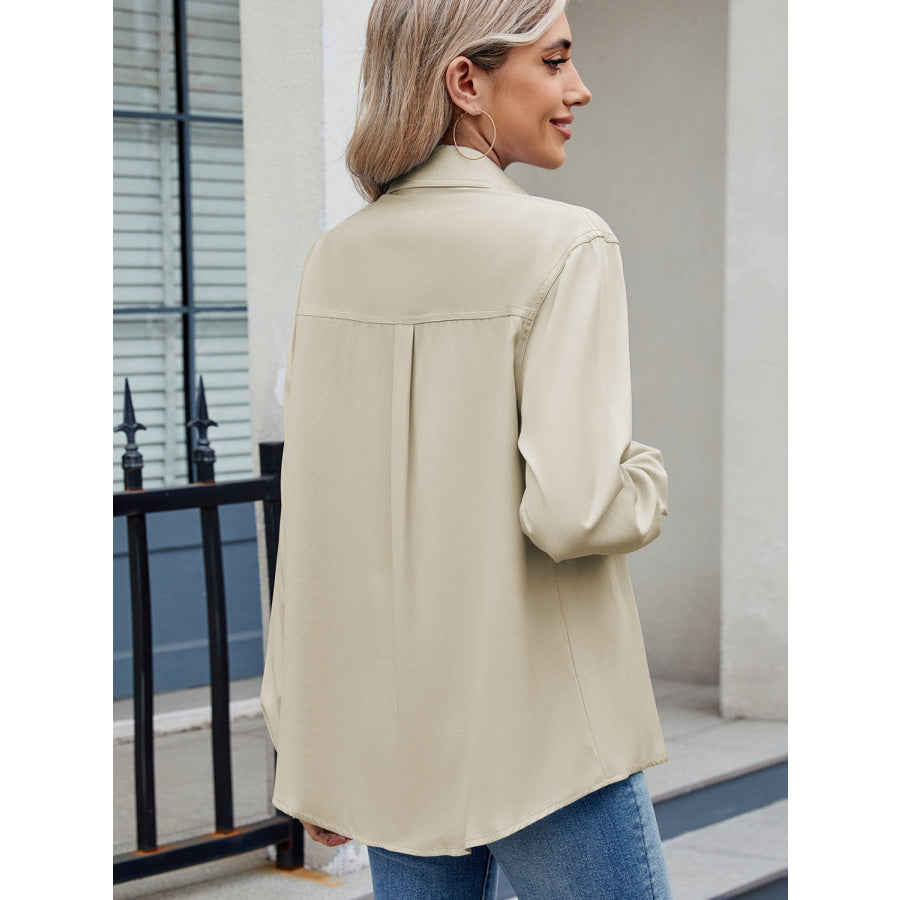 Solid Color Collared Neck Long Sleeve Shirt Apparel and Accessories