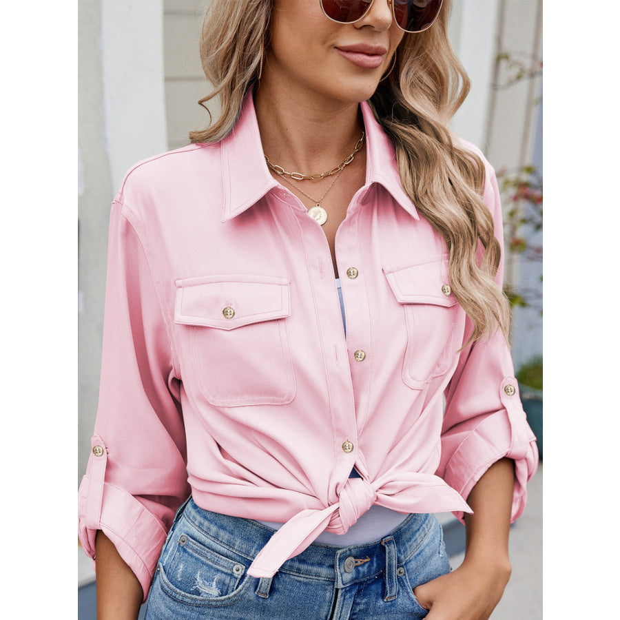 Solid Color Collared Neck Long Sleeve Shirt Apparel and Accessories