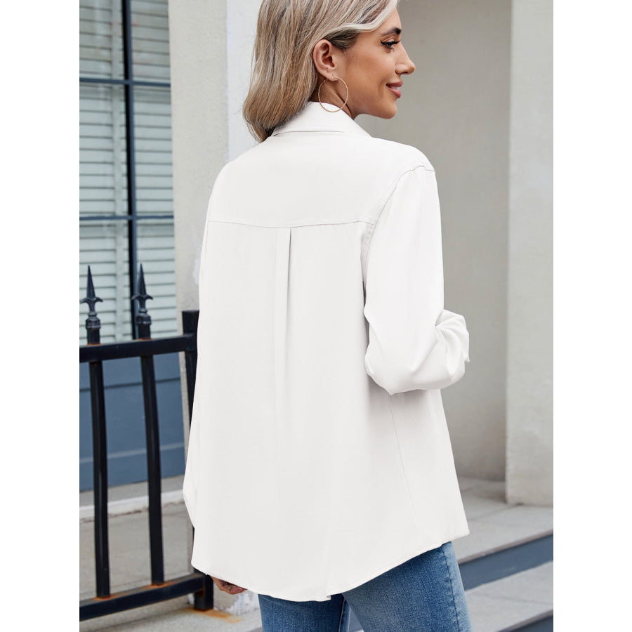 Solid Color Collared Neck Long Sleeve Shirt Apparel and Accessories