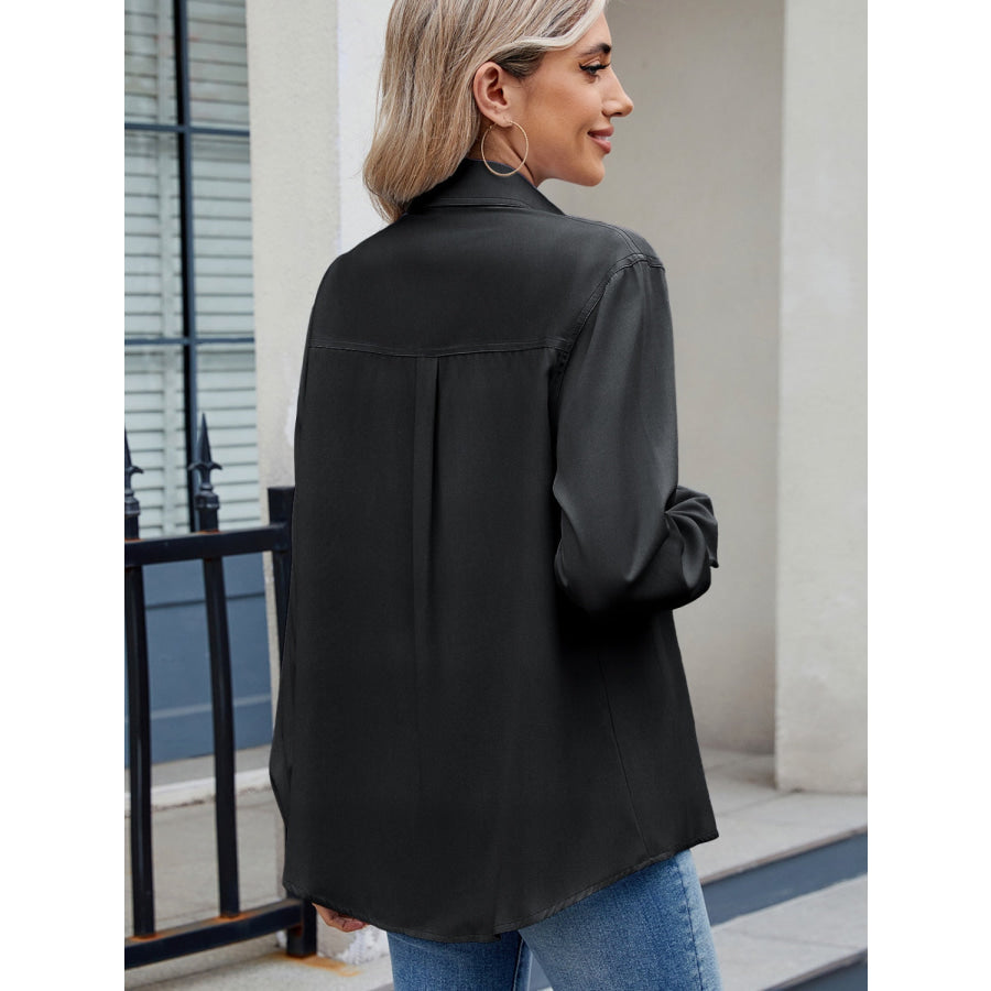 Solid Color Collared Neck Long Sleeve Shirt Apparel and Accessories