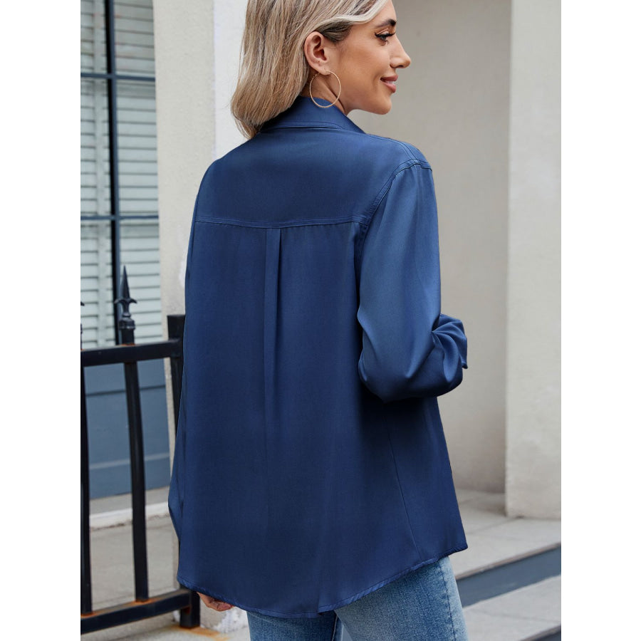 Solid Color Collared Neck Long Sleeve Shirt Apparel and Accessories