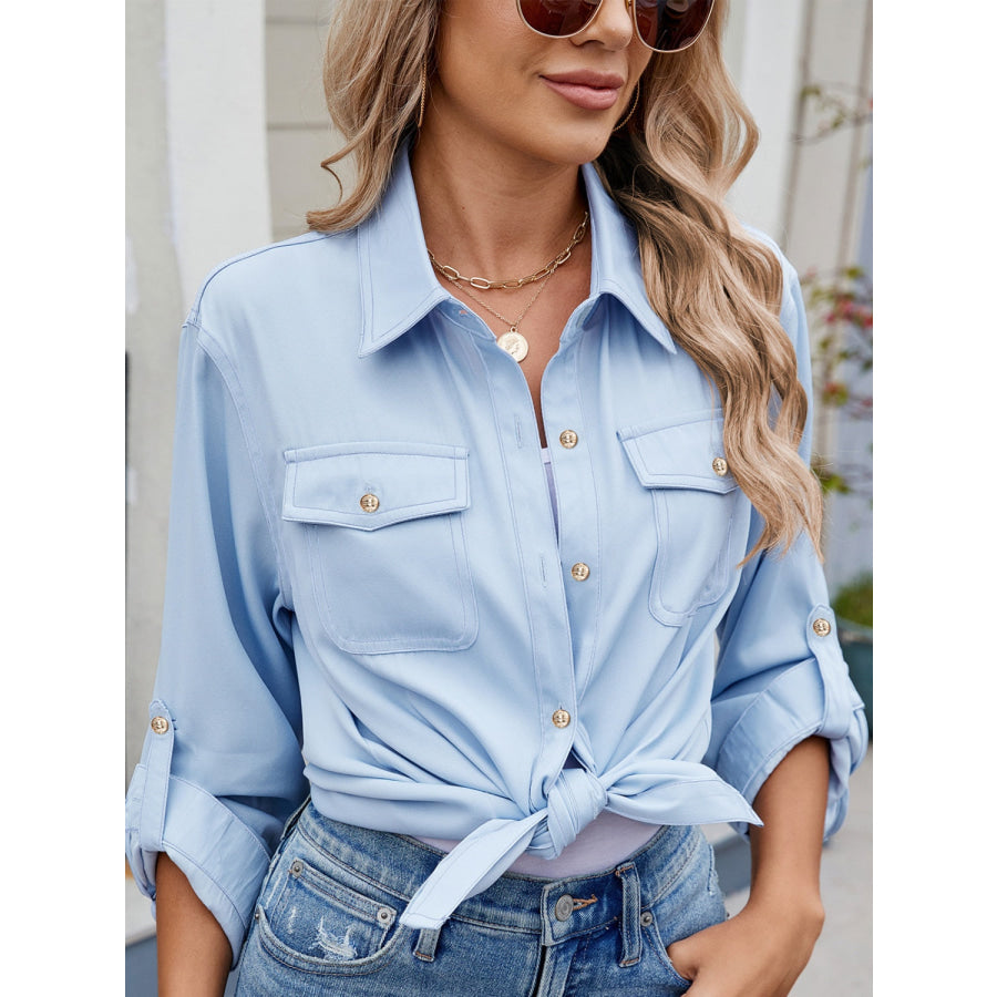 Solid Color Collared Neck Long Sleeve Shirt Apparel and Accessories