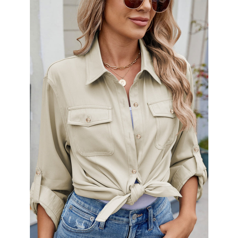 Solid Color Collared Neck Long Sleeve Shirt Apparel and Accessories