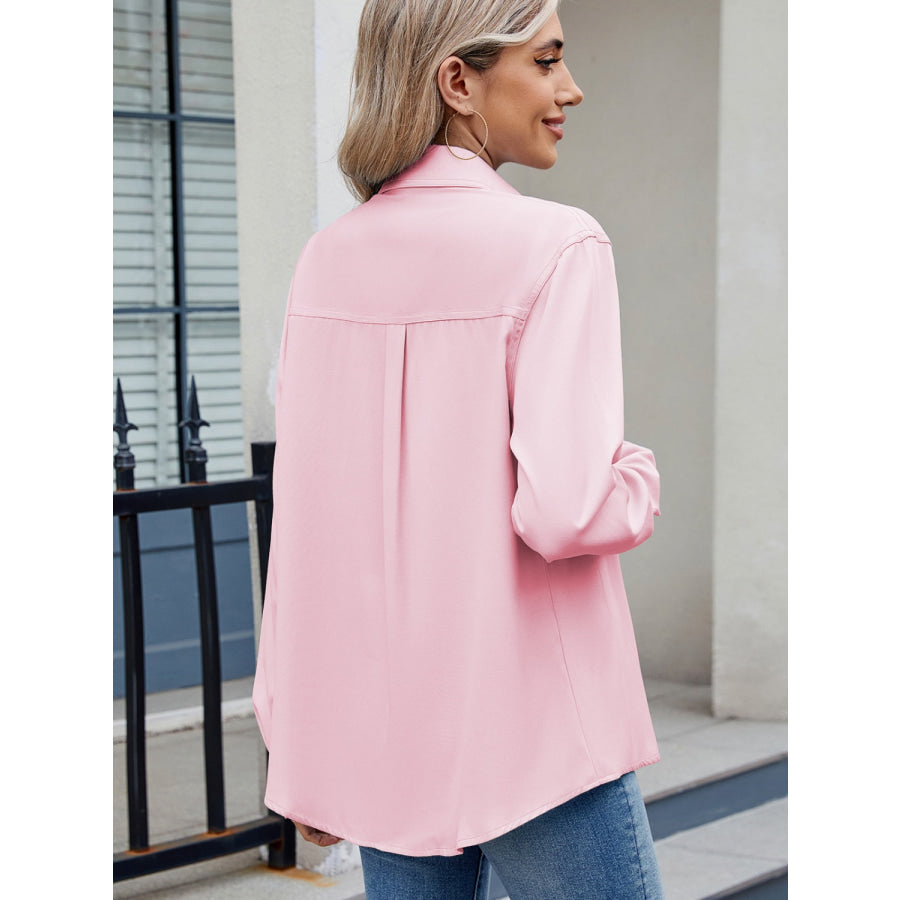 Solid Color Collared Neck Long Sleeve Shirt Apparel and Accessories