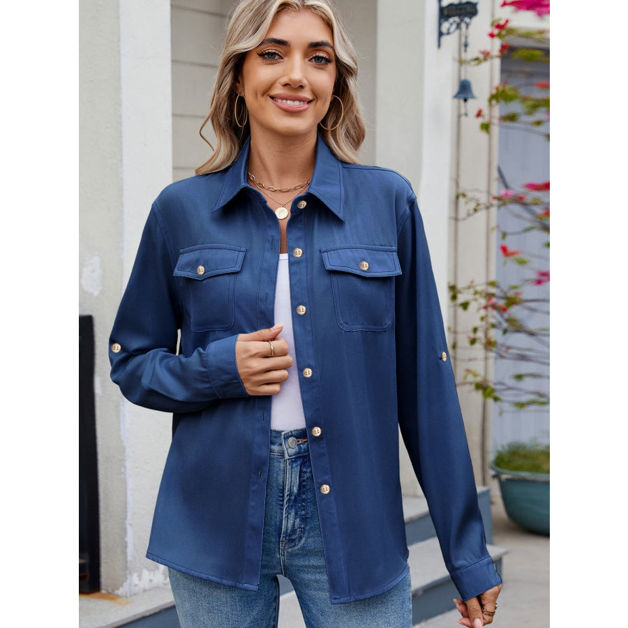 Solid Color Collared Neck Long Sleeve Shirt Apparel and Accessories