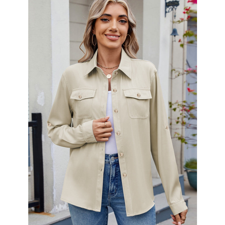 Solid Color Collared Neck Long Sleeve Shirt Beige / S Apparel and Accessories