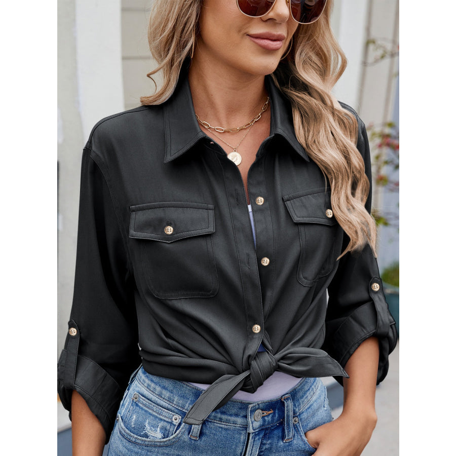 Solid Color Collared Neck Long Sleeve Shirt Black / S Apparel and Accessories