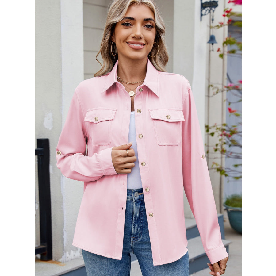Solid Color Collared Neck Long Sleeve Shirt Blush Pink / S Apparel and Accessories
