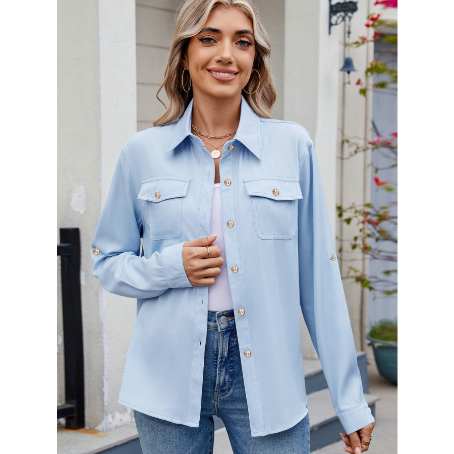 Solid Color Collared Neck Long Sleeve Shirt Light Blue / S Apparel and Accessories