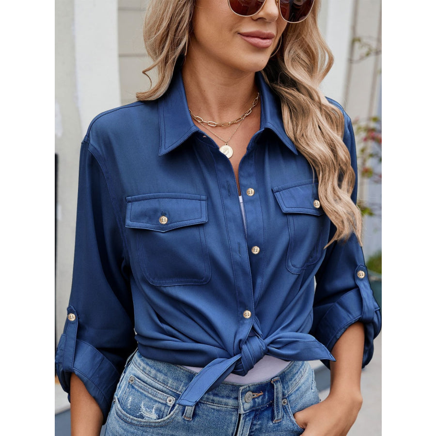 Solid Color Collared Neck Long Sleeve Shirt Navy / S Apparel and Accessories