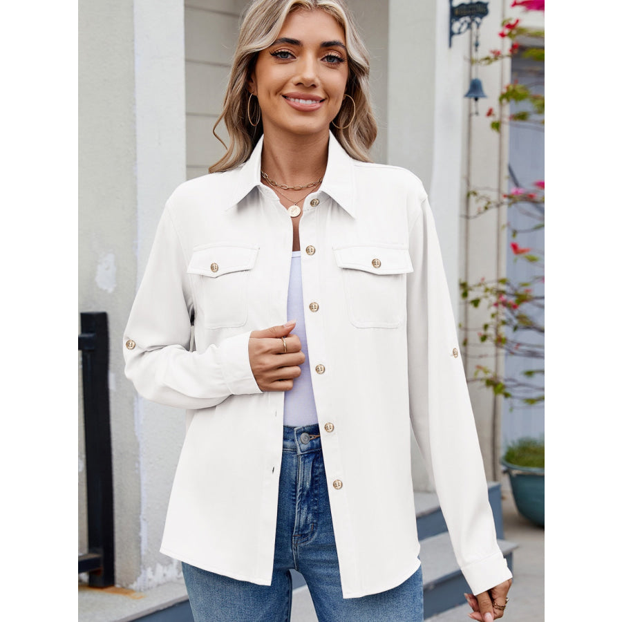 Solid Color Collared Neck Long Sleeve Shirt White / S Apparel and Accessories