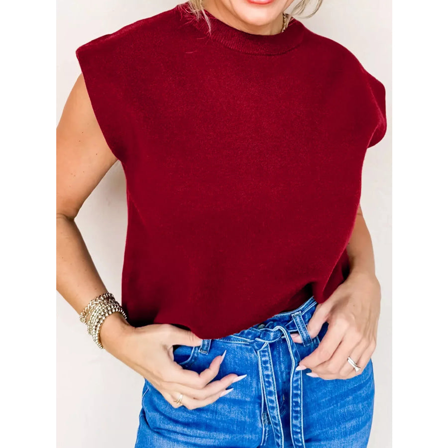 Solid Color Crew Neck Knit Cap Sleeve Sweater Burgundy / S Apparel and Accessories
