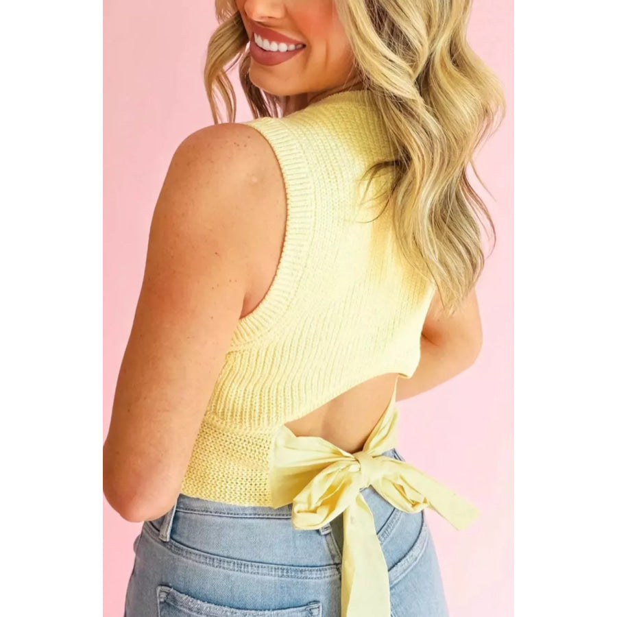 Solid Color Cropped Knit Knot Back Cutout Sweater Tank Apparel and Accessories