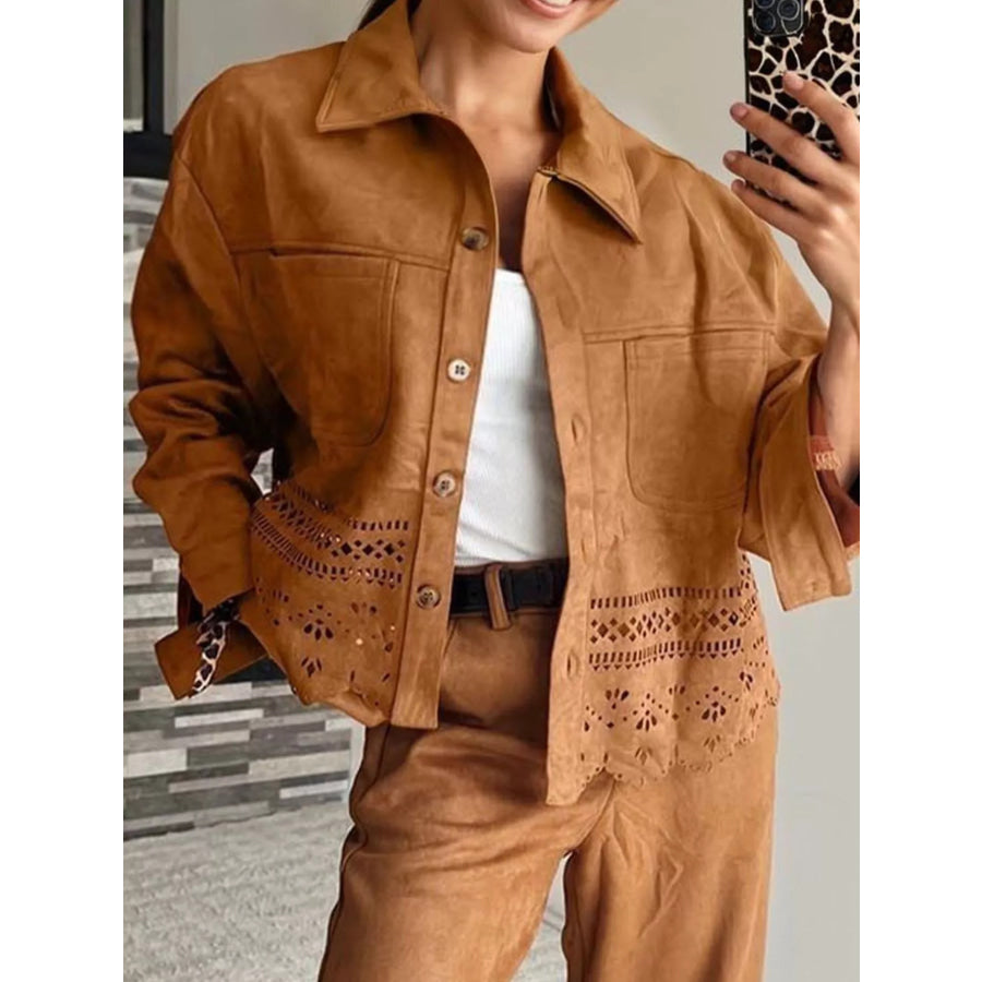 Solid Color Faux Suede Hollowed Detail Retro Style Jacket Apparel and Accessories