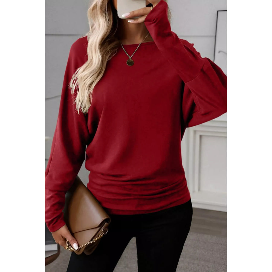 Solid Color Long Sleeve Blouse Burgundy / S Apparel and Accessories