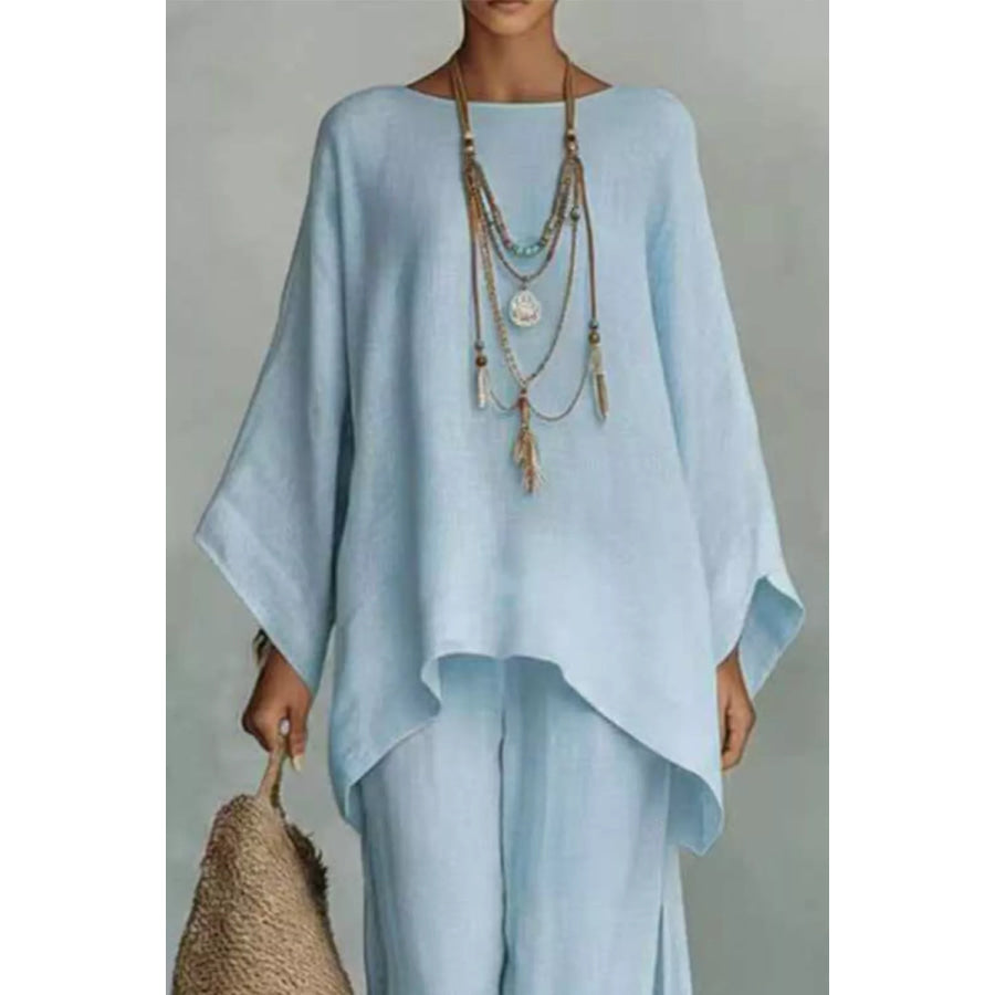 Solid Color Long Sleeve Top and Wide Leg Pants Set Apparel and Accessories