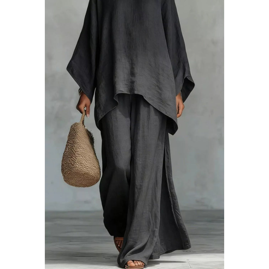 Solid Color Long Sleeve Top and Wide Leg Pants Set Black / S Apparel and Accessories