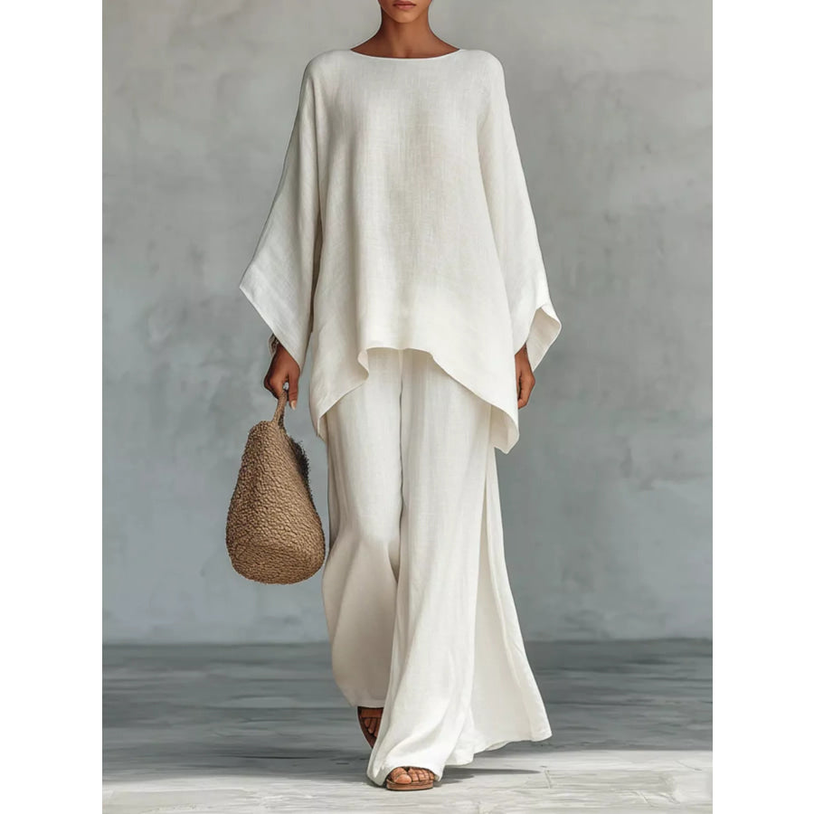 Solid Color Long Sleeve Top and Wide Leg Pants Set White / S Apparel and Accessories