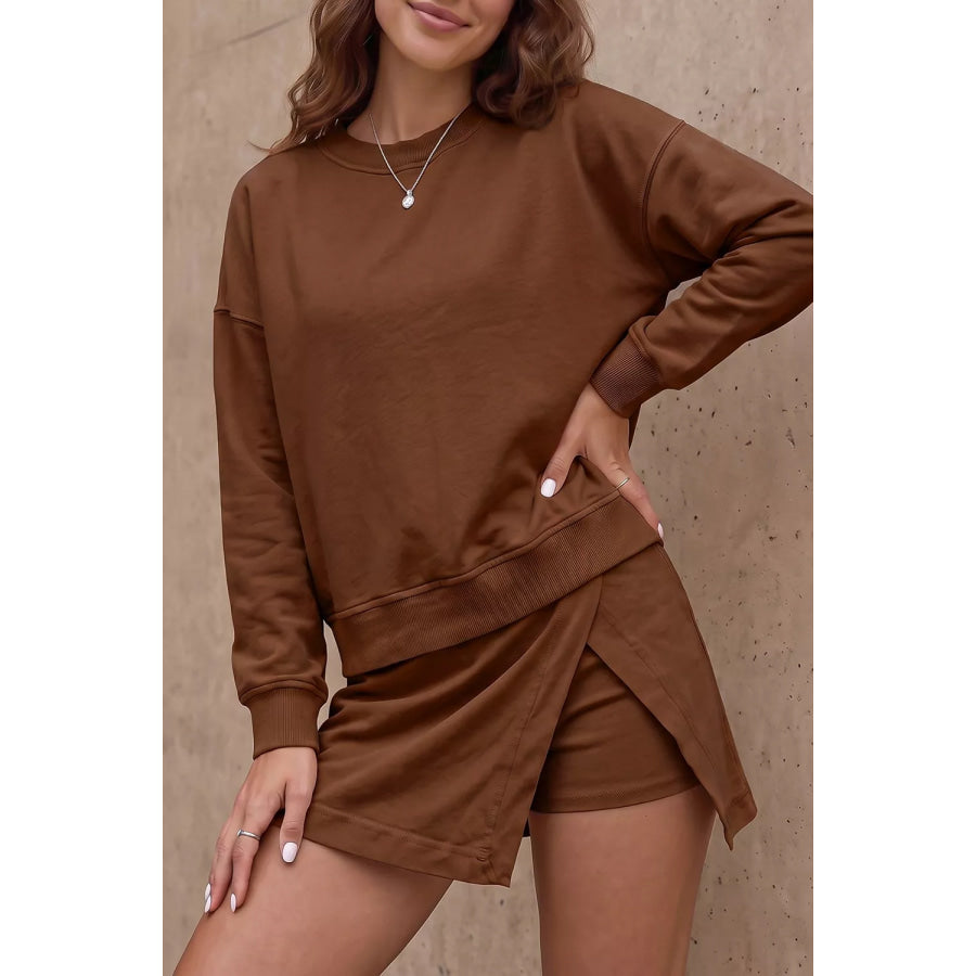 Solid Color Long Sleeve Top Split Skort 2pcs Outfit Apparel and Accessories