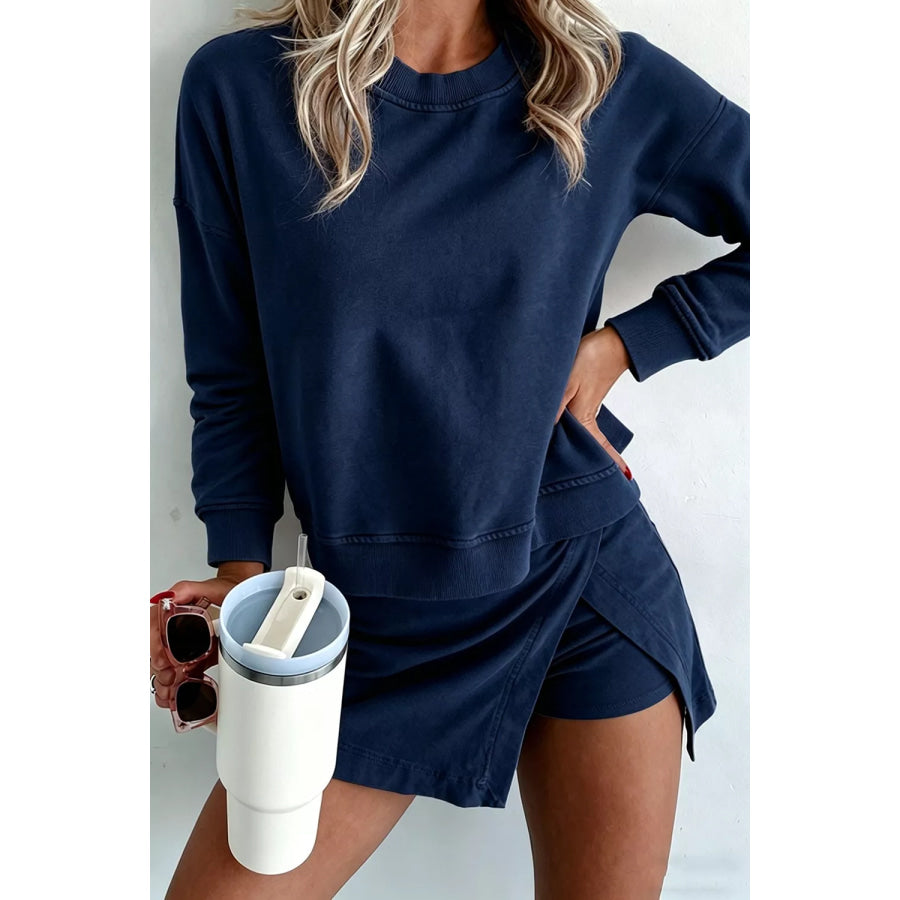 Solid Color Long Sleeve Top Split Skort 2pcs Outfit Apparel and Accessories