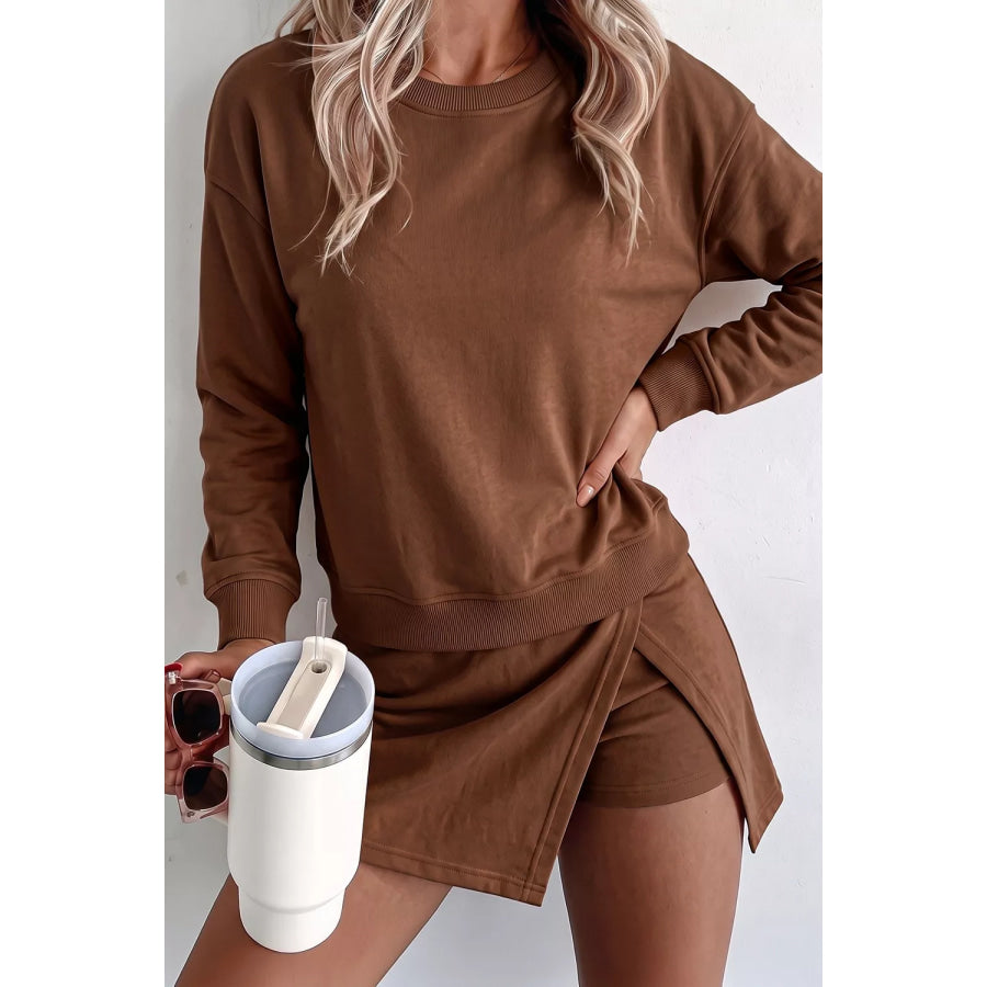 Solid Color Long Sleeve Top Split Skort 2pcs Outfit Apparel and Accessories
