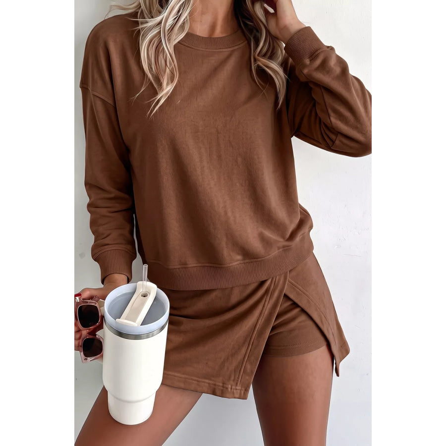 Solid Color Long Sleeve Top Split Skort 2pcs Outfit Apparel and Accessories