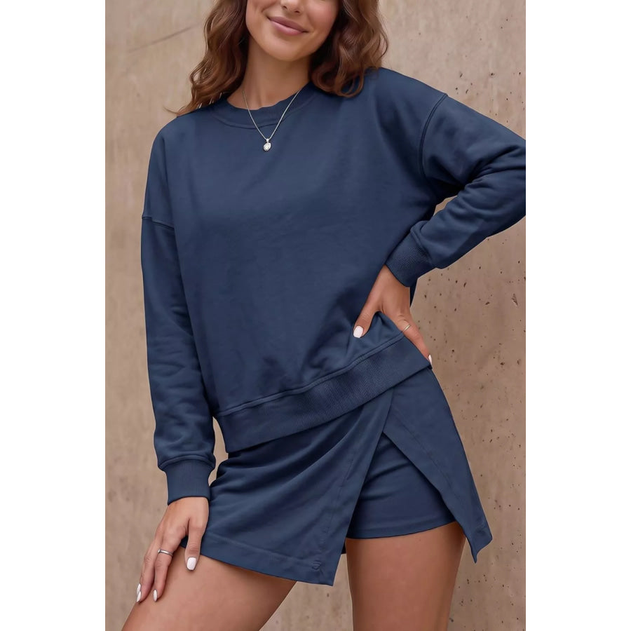 Solid Color Long Sleeve Top Split Skort 2pcs Outfit Apparel and Accessories