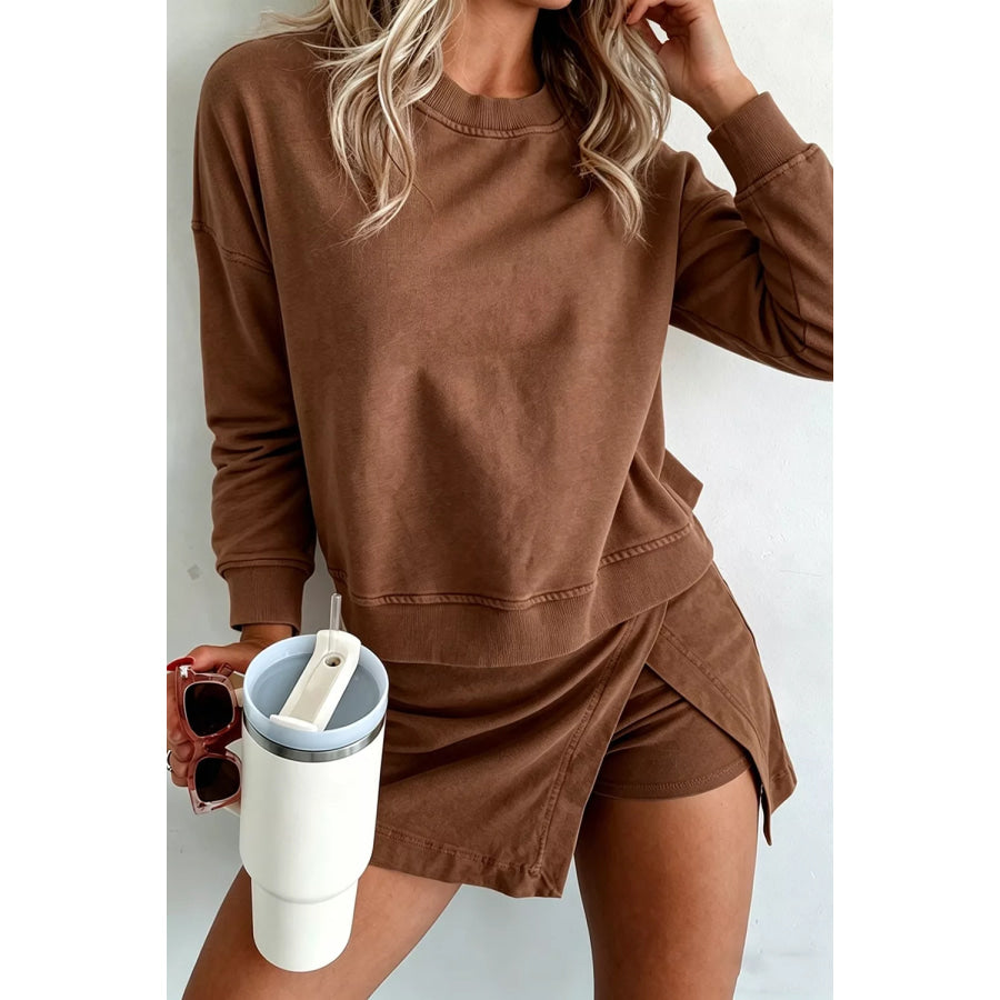 Solid Color Long Sleeve Top Split Skort 2pcs Outfit Brown / S Apparel and Accessories