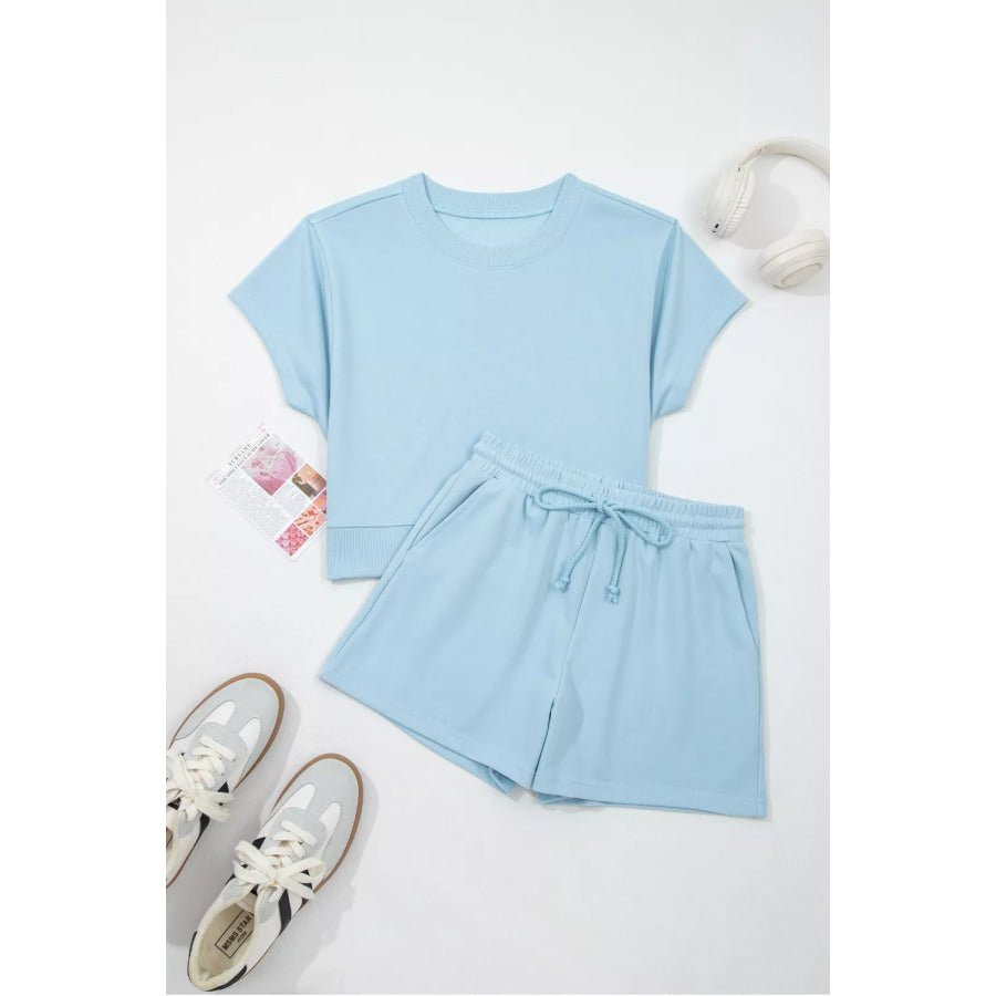 Solid Color Loose Tee Drawstring Shorts 2pcs Outfit Set Apparel and Accessories