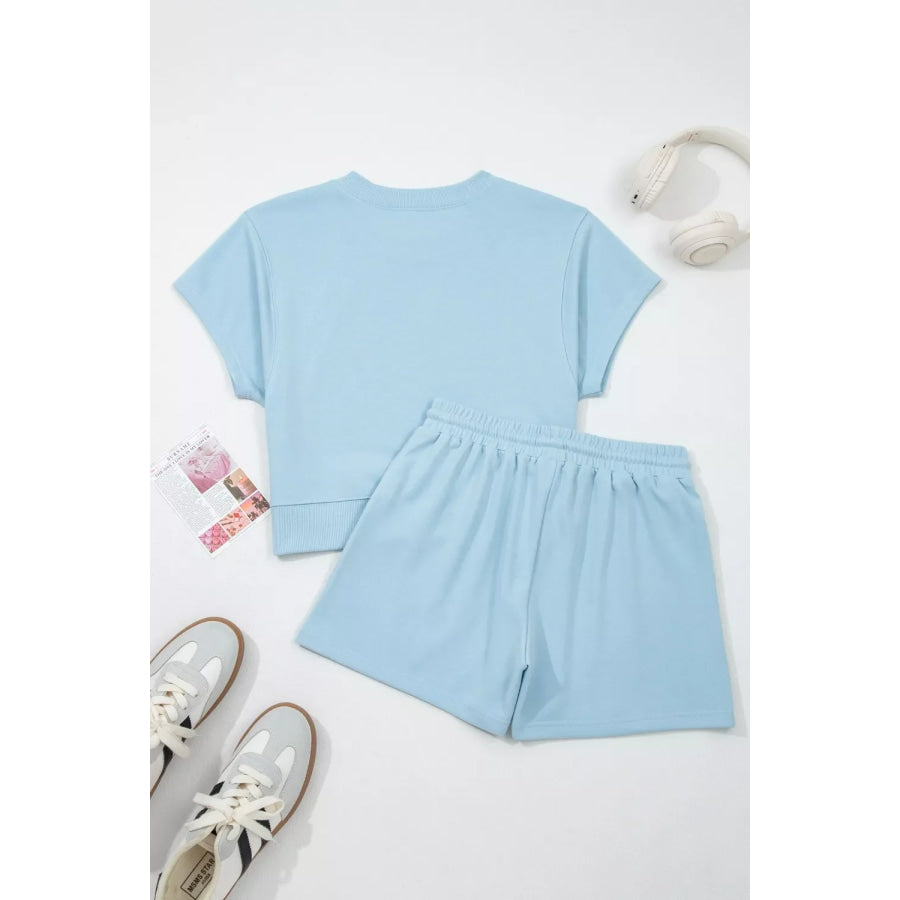 Solid Color Loose Tee Drawstring Shorts 2pcs Outfit Set Apparel and Accessories