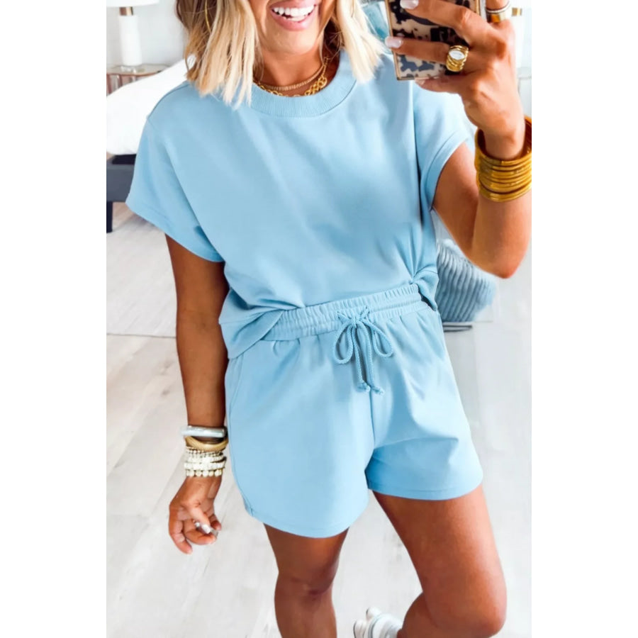 Solid Color Loose Tee Drawstring Shorts 2pcs Outfit Set Pastel Blue / S Apparel and Accessories