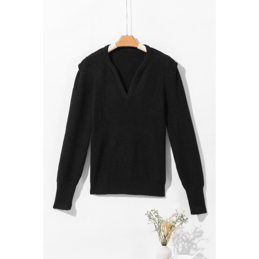 Solid Color Notched Long Sleeve Sweater Apparel and Accessories