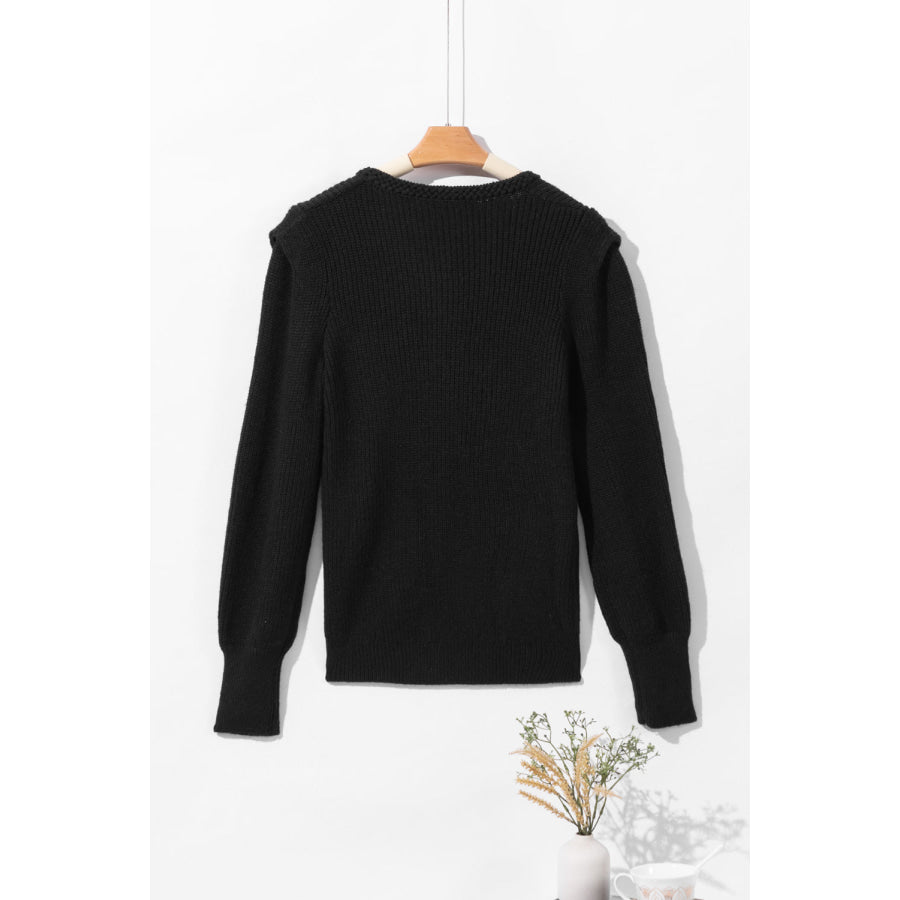Solid Color Notched Long Sleeve Sweater Apparel and Accessories