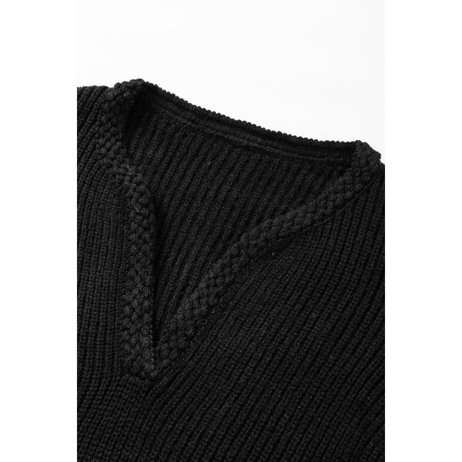 Solid Color Notched Long Sleeve Sweater Apparel and Accessories