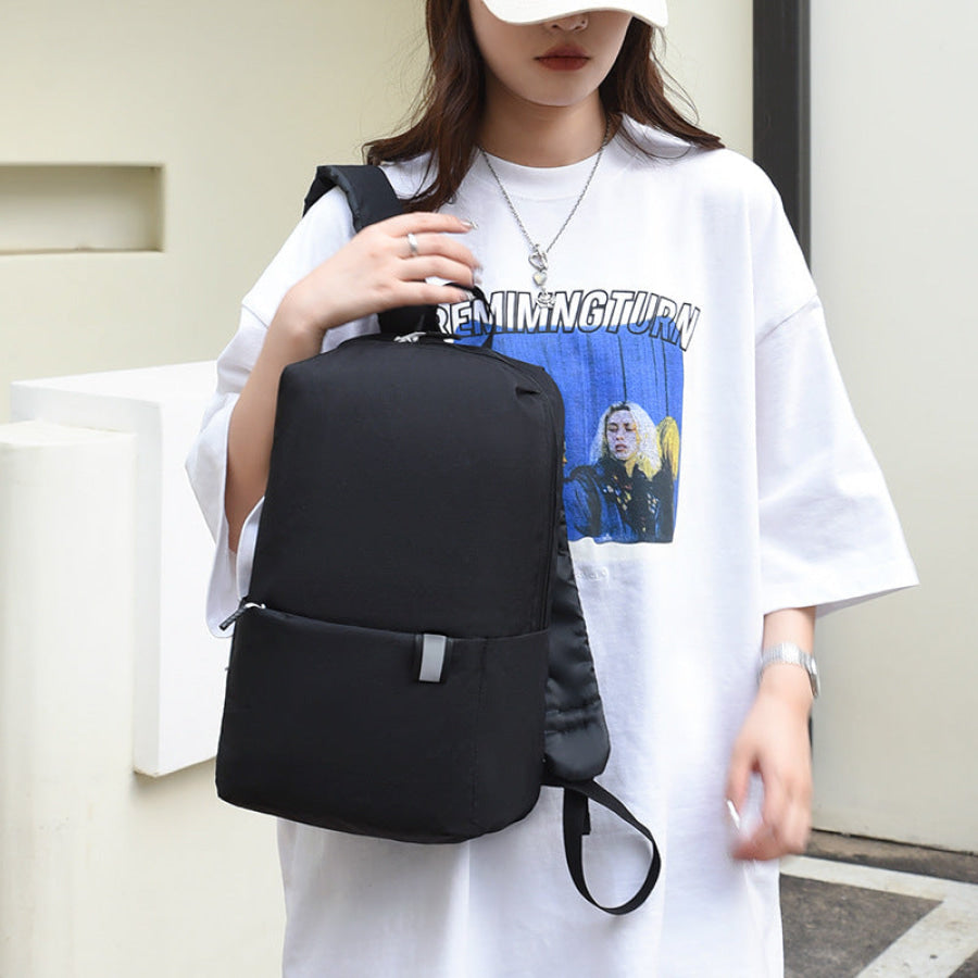 Solid Color Nylon Backpack Bag Black / One Size Apparel and Accessories