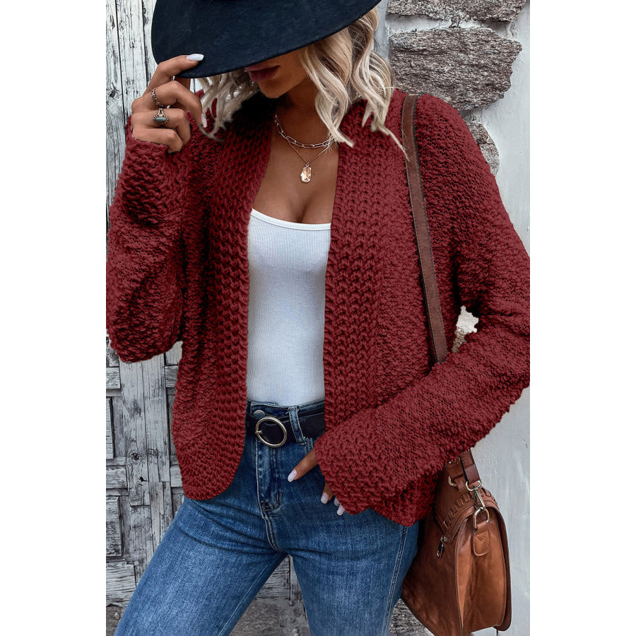 Solid Color Open Front Cardigan Burgundy / S Apparel and Accessories