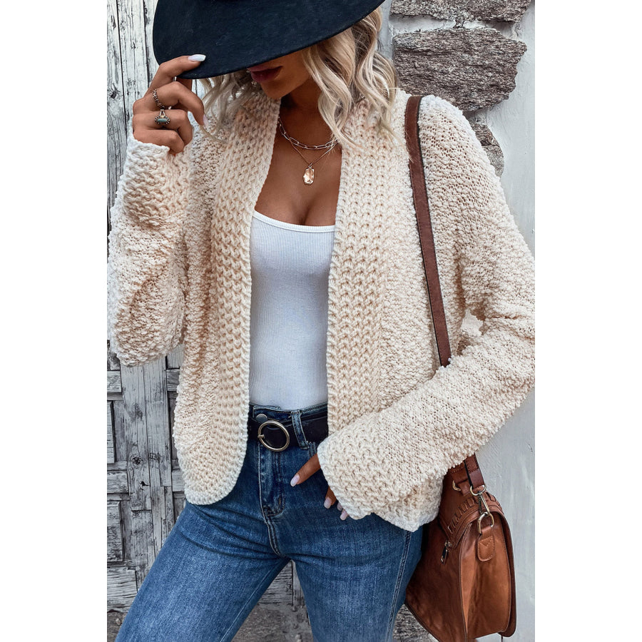 Solid Color Open Front Cardigan Cream / S Apparel and Accessories