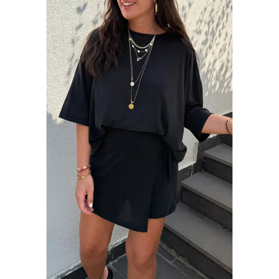 Solid Color Oversize Tee Tie Wrap Mini Skort 2pcs Set Apparel and Accessories