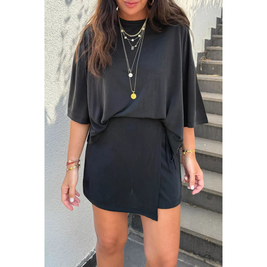 Solid Color Oversize Tee Tie Wrap Mini Skort 2pcs Set Black / S Apparel and Accessories