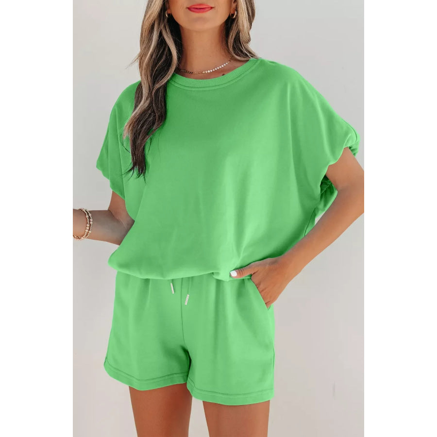 Solid Color Puffy Loose Top Drawstring Shorts 2pcs Outfit Apparel and Accessories